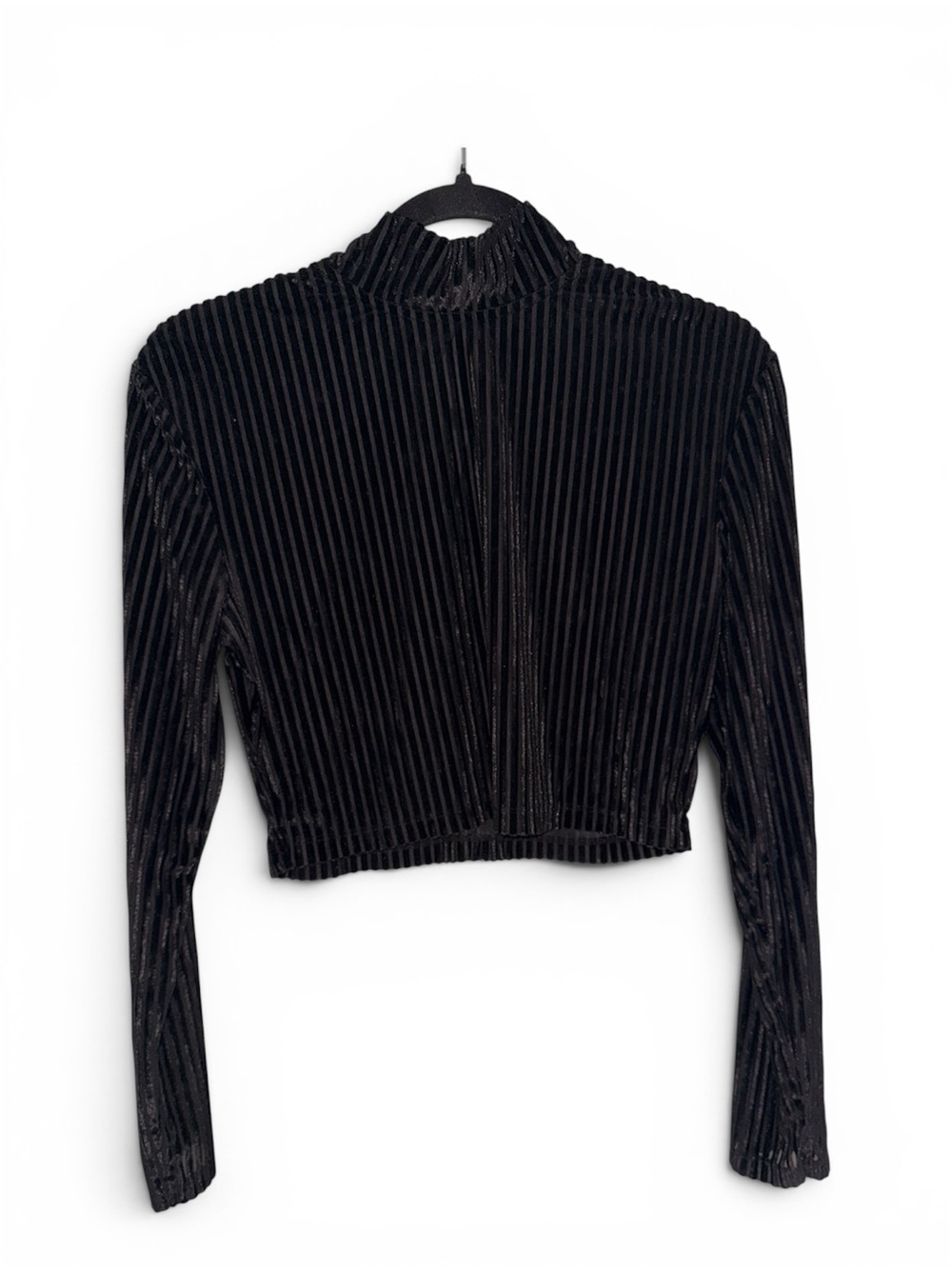 Black Ribbed Velvet Mock Neck Crop Top - Women Size M
